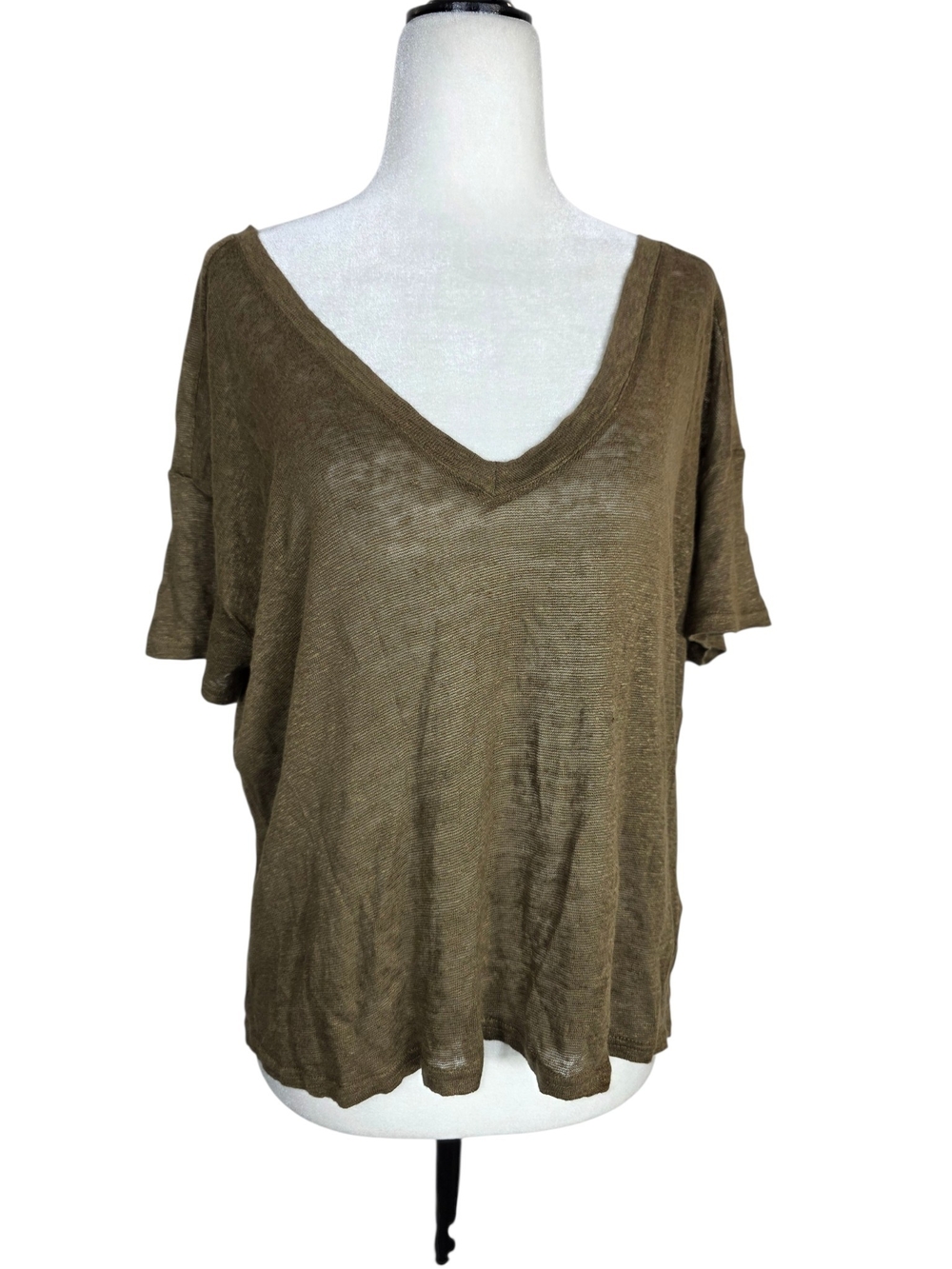 Massimo Dutti Linen Olive V-Neck Short Sleeve Tee